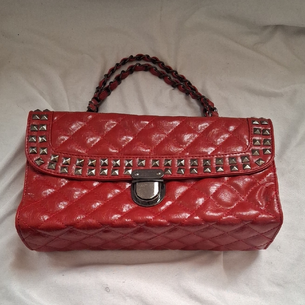 Red Quilted Studded Handbag